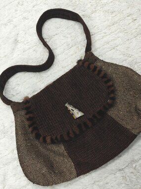 Frittelli &‎ Lockwood Tweed Patchwork Shoulder Bag Fur Trim Cottagecore